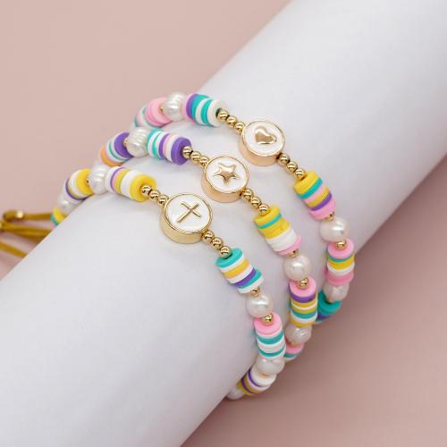 Freshwater Cultured Pearl Bracelet Polymer Clay with Knot Cord & Freshwater Pearl & Brass & Zinc Alloy gold color plated Adjustable & fashion jewelry & for woman & enamel Length Approx 28 cm Sold By PC