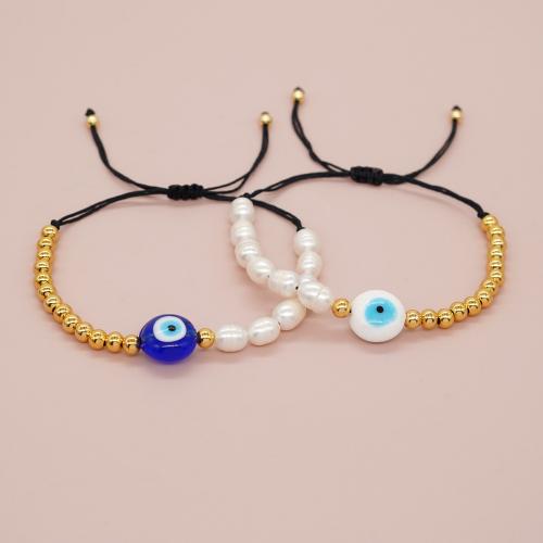 Evil Eye Jewelry Bracelet, Freshwater Pearl, with Knot Cord & Lampwork & Brass, gold color plated, Adjustable & fashion jewelry & for woman, more colors for choice, Length:Approx 28 cm, Sold By PC