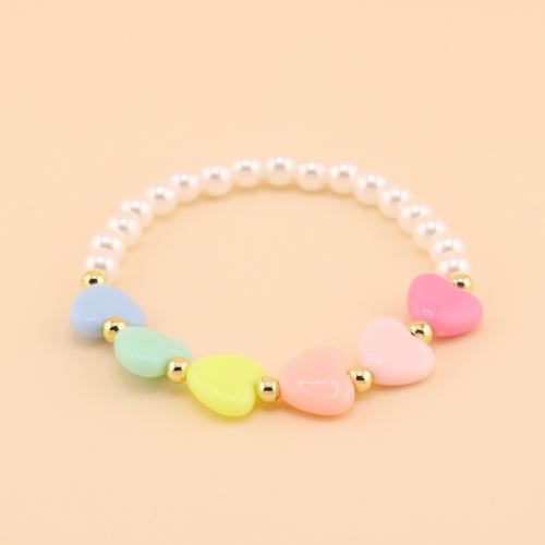 Acrylic Bracelets, with Plastic Pearl & Brass, Heart, gold color plated, fashion jewelry & for woman, mixed colors, Inner Diameter:Approx 60mm, Sold By PC