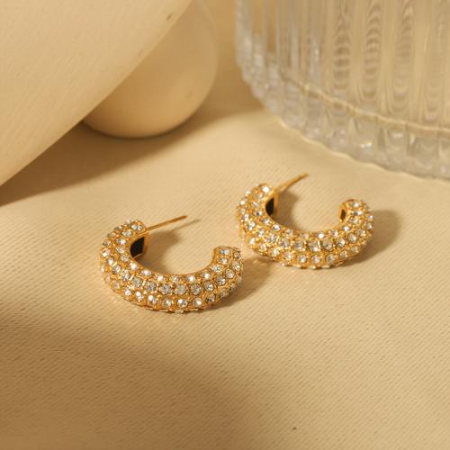 Stainless Steel Stud Earrings 304 Stainless Steel Vacuum Ion Plating fashion jewelry & for woman & with rhinestone gold nickel lead & cadmium free Sold By Pair