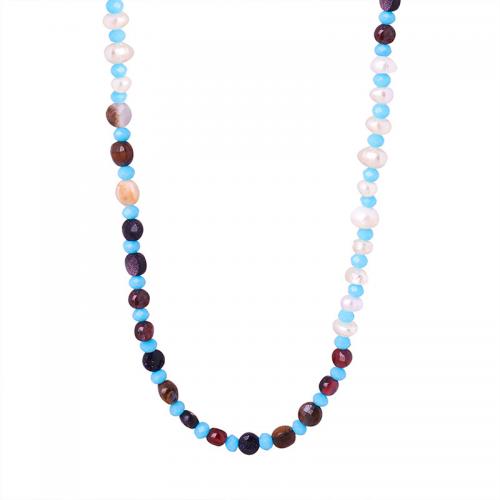 Titanium Steel Necklace, Agate, with Titanium Steel & Freshwater Pearl, with 7cm extender chain, fashion jewelry & for woman, Length:Approx 42 cm, Sold By PC