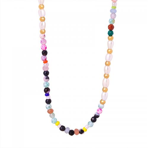 Natural Gemstone Necklace, Titanium Steel, with Natural Stone & Freshwater Pearl, with 7cm extender chain, fashion jewelry & for woman, Length:Approx 42 cm, Sold By PC