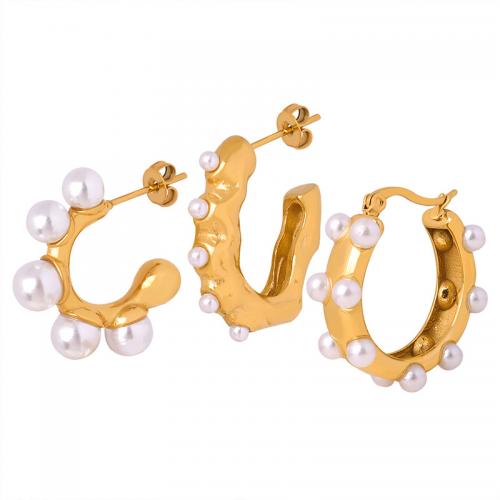 Boucle d'oreille Acier Titane, avec Shell Pearl, Plaqué or 18K, bijoux de mode & styles différents pour le choix & pour femme, doré, Vendu par paire