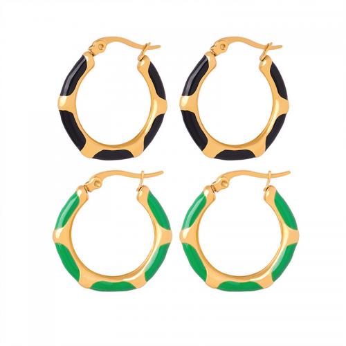 Titanium Steel  Earring, 18K gold plated, fashion jewelry & for woman & enamel, golden, 25x22mm, Sold By Pair