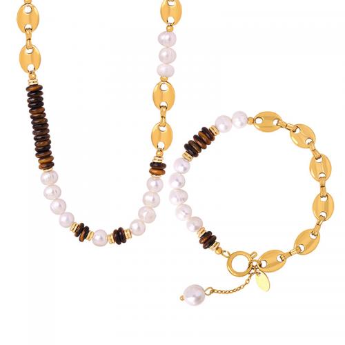 Jewelry Sets Titanium Steel with Tiger Eye & Freshwater Pearl fashion jewelry & for woman Sold By PC