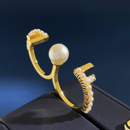 Brass Finger Ring, with Plastic Pearl, gold color plated, fashion jewelry & different styles for choice & for woman, golden, nickel, lead & cadmium free, inner diameter 20mm, Sold By PC