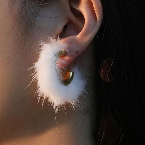 Fluffy Pom Pom Earrings, Plush, with 304 Stainless Steel & Tibetan Style, fashion jewelry, more colors for choice, 32x45mm, Sold By Pair