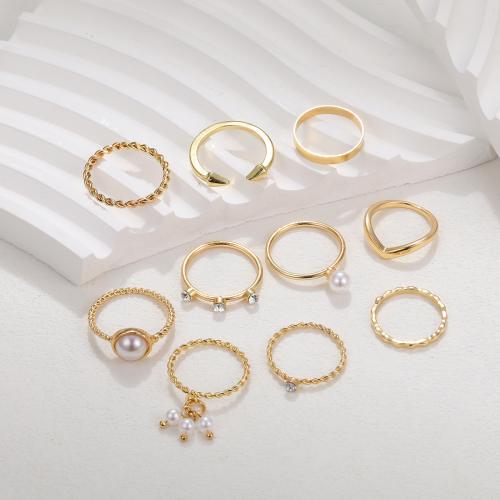 Zinc Alloy Ring Set with Plastic Pearl plated 10 pieces & fashion jewelry & with rhinestone gold nickel lead & cadmium free Sold By Set