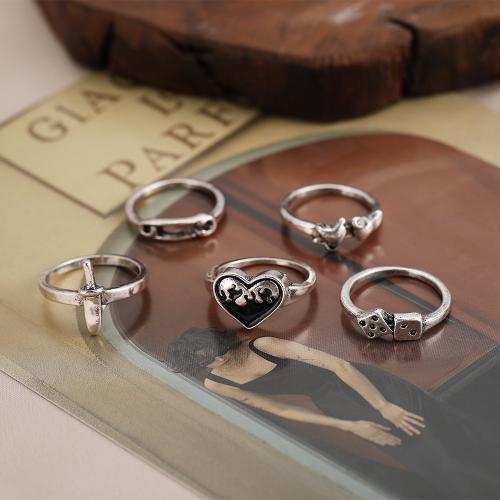 Cink Alloy Ring Set, Cink ötvözet, galvanizált, 5 darab & divat ékszerek, ezüst, nikkel, ólom és kadmium mentes, Által értékesített Set