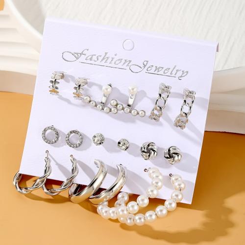 Zinc Alloy Drop Earrings with Plastic Pearl plated nine pieces & fashion jewelry & with rhinestone nickel lead & cadmium free Sold By Set