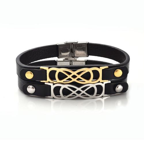 Leather Cord Bracelet with 304 Stainless Steel plated fashion jewelry & Unisex nickel lead & cadmium free .8cm Diameter :6cm. Length Approx 22.5 cm Sold By PC