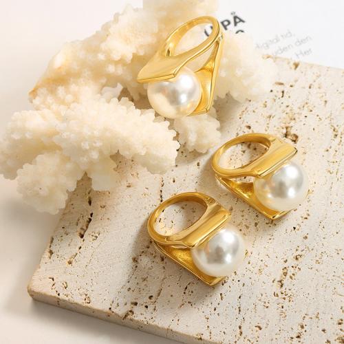 Stainless Steel Finger Ring 304 Stainless Steel with Plastic Pearl 18K gold plated fashion jewelry & for woman nickel lead & cadmium free Thickness 18mm Sold By PC