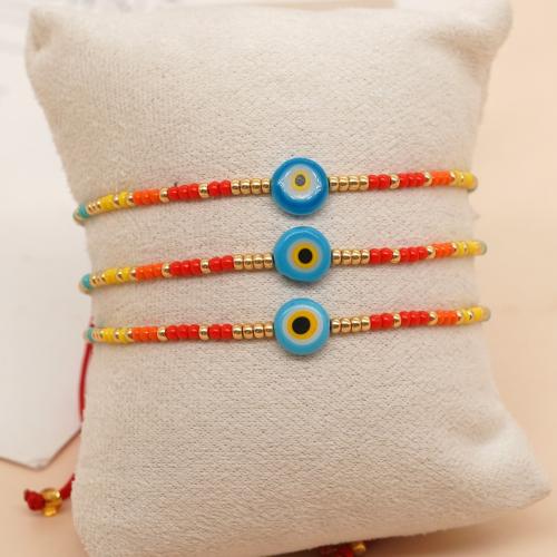 Evil Eye Jewelry Bracelet, Seedbead, with Knot Cord & Lampwork, Flat Round, Adjustable & fashion jewelry & Unisex, mixed colors, Length:Approx 18 cm, 3PCs/Set, Sold By Set