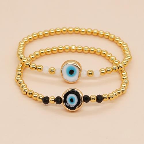 Evil Eye Jewelry Bracelet Brass with Crystal & Lampwork & Zinc Alloy Flat Round gold color plated fashion jewelry & for woman nickel lead & cadmium free Length Approx 18 cm Sold By PC