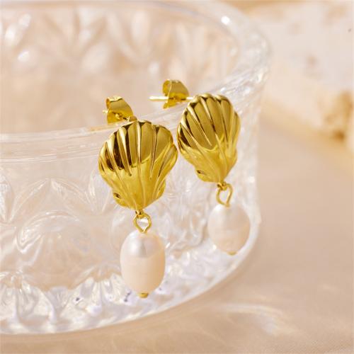Stainless Steel Stud Earrings 304 Stainless Steel with Freshwater Pearl Vacuum Ion Plating fashion jewelry & for woman gold nickel lead & cadmium free Sold By Pair