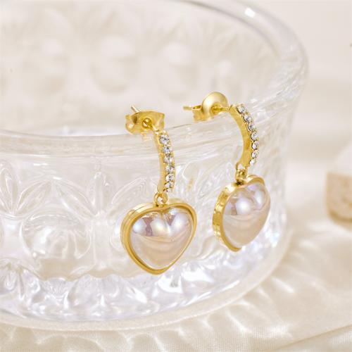 Stainless Steel Stud Earrings, 304 Stainless Steel, with Plastic Pearl, Heart, Vacuum Ion Plating, fashion jewelry & for woman & with rhinestone, gold, nickel, lead & cadmium free, 13x26mm, Sold By Pair