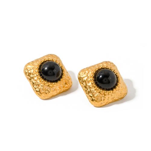 Stainless Steel Stud Earrings 304 Stainless Steel with Black Agate 18K gold plated fashion jewelry & for woman golden 23mm Sold By Pair