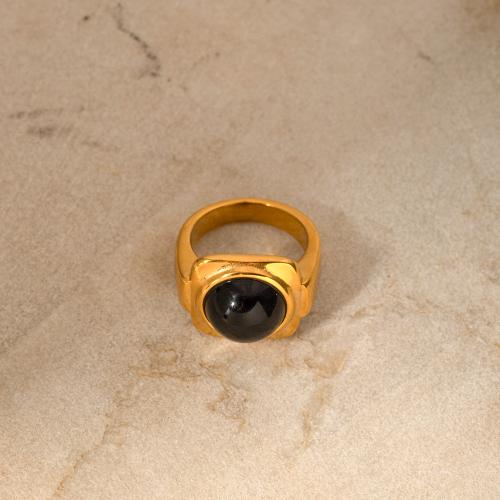 Stainless Steel Finger Ring, 304 Stainless Steel, with Black Agate, 18K gold plated, fashion jewelry & for woman, golden, US Ring Size:7, Sold By PC