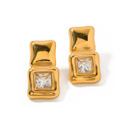 Stainless Steel Stud Earrings, 304 Stainless Steel, 18K gold plated, fashion jewelry & micro pave cubic zirconia & for woman, golden, 28.20x15.10mm, Sold By Pair