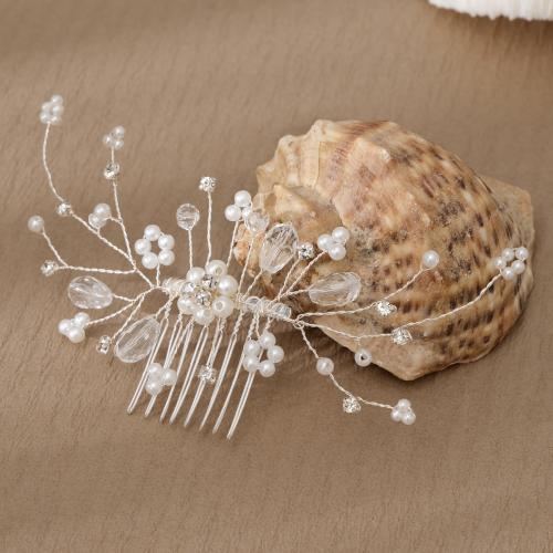 Dekoratives Haarkämmchen, Zinklegierung, mit Kunststoff Perlen, Blume, silberfarben plattiert, für Frau & mit Strass, frei von Nickel, Blei & Kadmium, 145x60mm, verkauft von PC