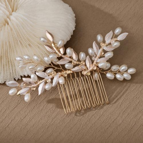 Dekoratives Haarkämmchen, Zinklegierung, mit Kunststoff Perlen, Blatt, goldfarben plattiert, für Braut & für Frau, frei von Nickel, Blei & Kadmium, 107x70mm, verkauft von PC