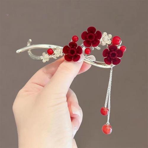 Hair Slide, Tibetan Style, with Plastic Pearl, Flower, plated, for woman & with rhinestone, more colors for choice, nickel, lead & cadmium free, 107x70mm, Sold By PC