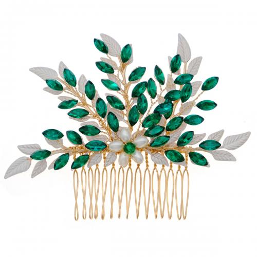 Decorative Hair Combs Zinc Alloy Flower gold color plated for woman & with rhinestone green nickel lead & cadmium free Sold By PC