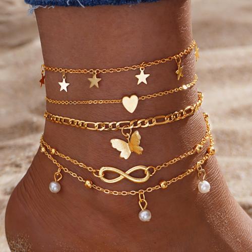 Zinc Alloy Anklet with Plastic Pearl plated 4 pieces & fashion jewelry golden nickel lead & cadmium free Sold By Set