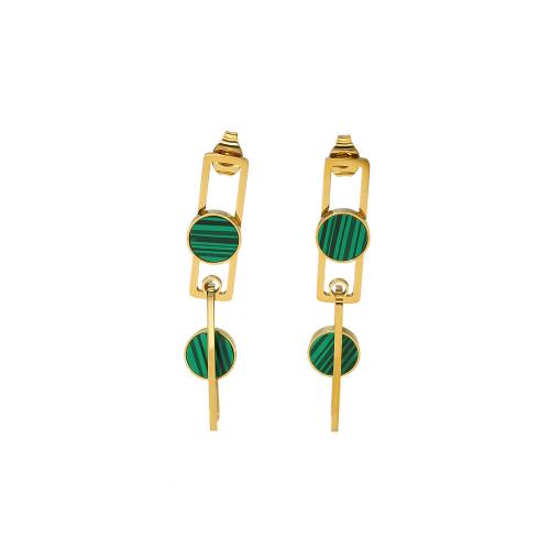 Stainless Steel Stud Earrings, 304 Stainless Steel, with Malachite, 18K gold plated, fashion jewelry & for woman & hollow, nickel, lead & cadmium free, 42x8mm, Sold By Pair