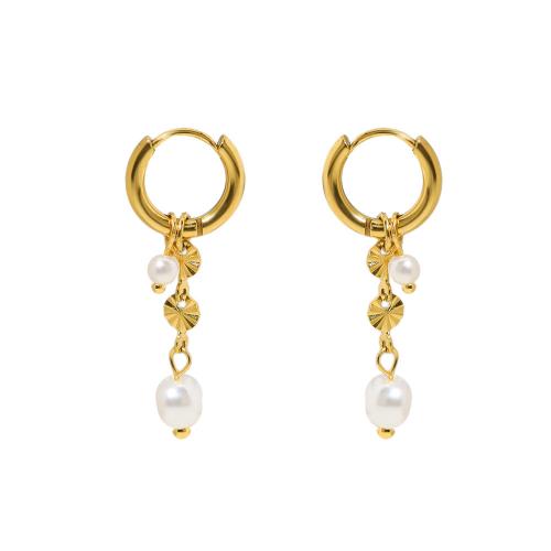 Titanium Steel  Earring, with Plastic Pearl, 18K gold plated, fashion jewelry & for woman, nickel, lead & cadmium free, 33x12mm, Sold By Pair