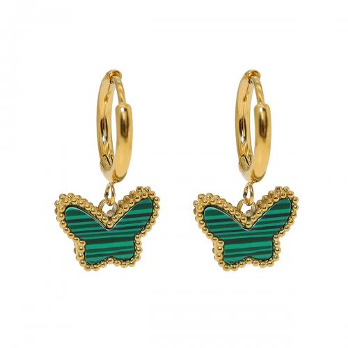 Titanium Steel  Earring with Malachite Butterfly 18K gold plated fashion jewelry & for woman nickel lead & cadmium free Sold By Pair