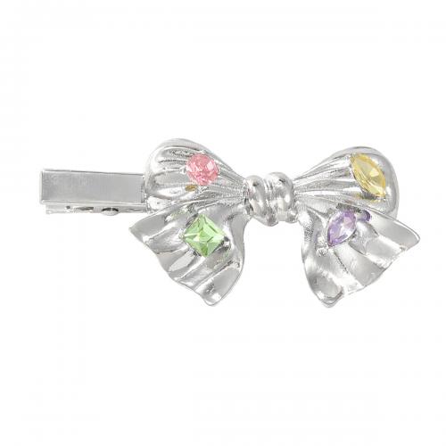 Alligator Hair Clip, Tibetan Style, Bowknot, for woman & with rhinestone, silver color, nickel, lead & cadmium free, 58x24mm, Sold By PC