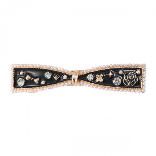 Hair Snap Clips, Tibetan Style, with Plastic Pearl, Bowknot, for woman & enamel, black, nickel, lead & cadmium free, 61x13mm, Sold By PC