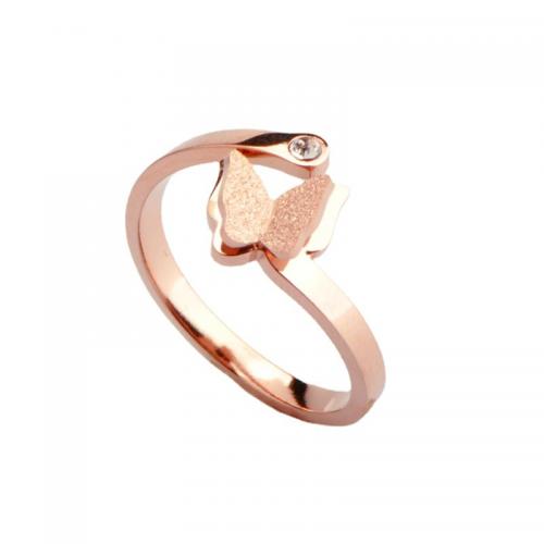 Titanium Steel Finger Ring, Butterfly, plated, micro pave cubic zirconia & for woman, rose gold color, US Ring Size:7, Sold By PC