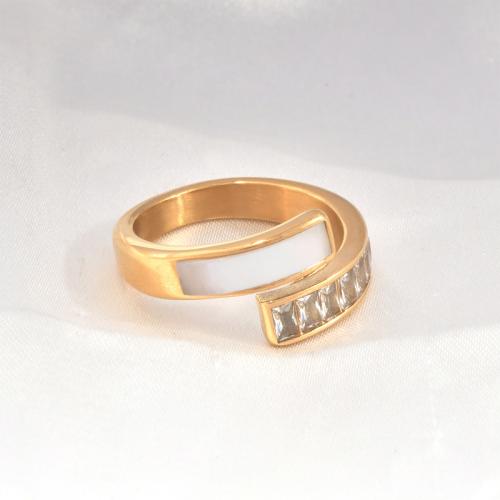 Ring Finger Titantium stali, ze Muszla biała, Powlekane, różnej wielkości do wyboru & mikro utorować cyrkonia & dla kobiety, złoty, sprzedane przez PC