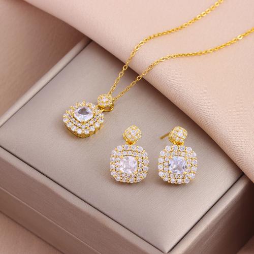 Brass Jewelry Set, with Cubic Zirconia & 304 Stainless Steel, Vacuum Ion Plating, fashion jewelry & different styles for choice & micro pave cubic zirconia & for woman, nickel, lead & cadmium free, Length:Approx 50 cm, Sold By PC