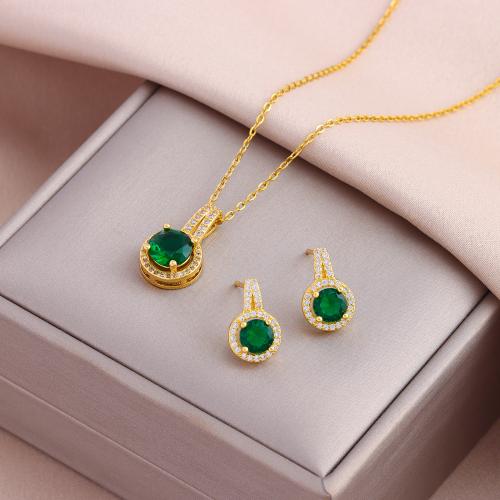 Brass Jewelry Set with Cubic Zirconia & 304 Stainless Steel Vacuum Ion Plating fashion jewelry & micro pave cubic zirconia & for woman green nickel lead & cadmium free Length Approx 50 cm Sold By PC