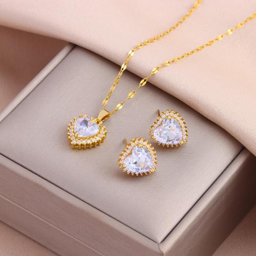 Brass Jewelry Set with Cubic Zirconia & 304 Stainless Steel Vacuum Ion Plating fashion jewelry & micro pave cubic zirconia & for woman nickel lead & cadmium free Length Approx 50 cm Sold By PC