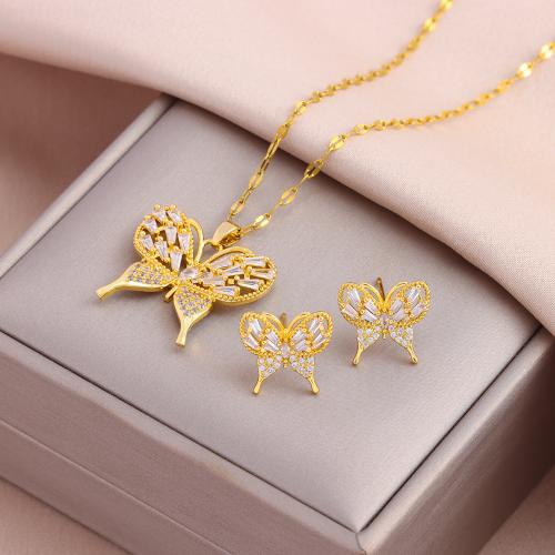 Brass Jewelry Set with 304 Stainless Steel Vacuum Ion Plating fashion jewelry & for woman & with rhinestone nickel lead & cadmium free Length Approx 50 cm Sold By PC