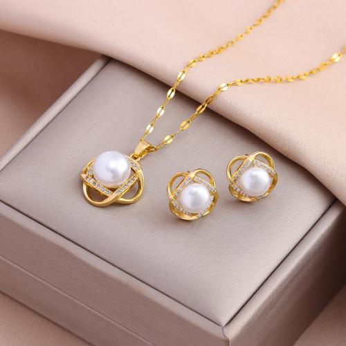 Brass Jewelry Set with Plastic Pearl & 304 Stainless Steel Vacuum Ion Plating fashion jewelry & for woman & with rhinestone nickel lead & cadmium free Length Approx 45 cm Sold By PC