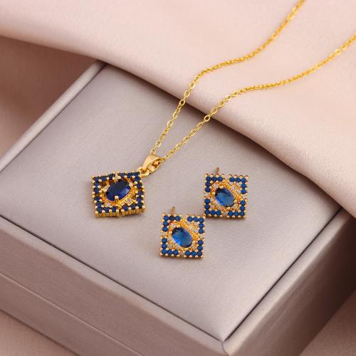 Brass Jewelry Set, with Crystal & 304 Stainless Steel, Vacuum Ion Plating, fashion jewelry & different styles for choice & for woman & with rhinestone, blue, nickel, lead & cadmium free, Length:Approx 45 cm, Sold By PC