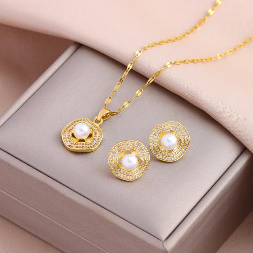 Brass Jewelry Set, with Plastic Pearl & 304 Stainless Steel, Vacuum Ion Plating, fashion jewelry & different styles for choice & for woman & with rhinestone, nickel, lead & cadmium free, Length:Approx 45 cm, Sold By PC