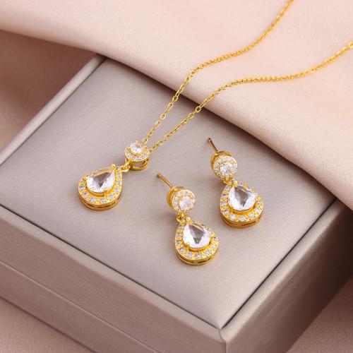 Brass Jewelry Set with Cubic Zirconia & 304 Stainless Steel Vacuum Ion Plating fashion jewelry & micro pave cubic zirconia & for woman nickel lead & cadmium free Length Approx 45 cm Sold By PC