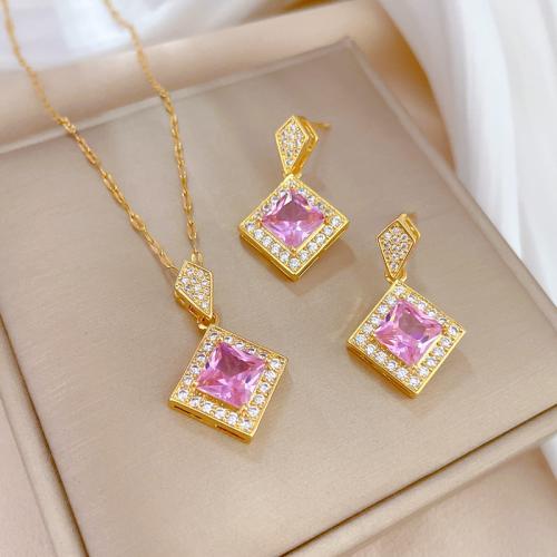 Titanium Steel Jewelry Set with Brass Rhombus real gold plated & micro pave cubic zirconia & for woman Sold By PC