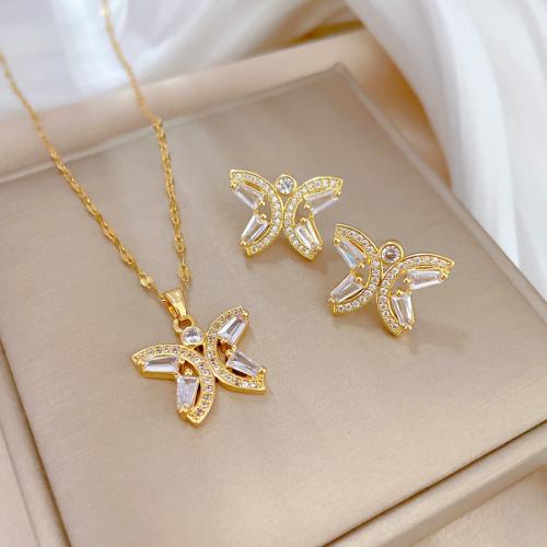 Titanium Steel Jewelry Set with Brass Butterfly real gold plated & micro pave cubic zirconia & for woman & hollow Sold By PC