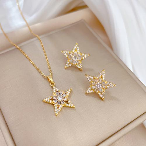Titanium Steel Jewelry Set with Brass Star real gold plated & micro pave cubic zirconia & for woman & hollow Sold By PC