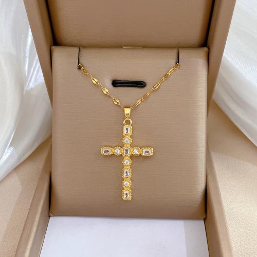 laiton collier, avec Acier titane, avec 2inch chaînes de rallonge, croix, Plaqué d'or, pavé de micro zircon & pour femme, Vendu par PC