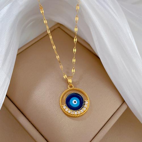 Brass Necklace with Titanium Steel with 2inch extender chain Evil Eye real gold plated for woman & enamel & with rhinestone & hollow Length Approx 15.7 Inch Sold By PC