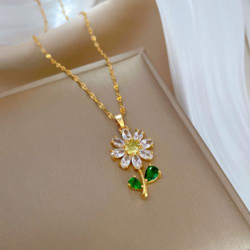 Brass Necklace with Titanium Steel with 2inch extender chain Flower real gold plated micro pave cubic zirconia & for woman Length Approx 15.7 Inch Sold By PC