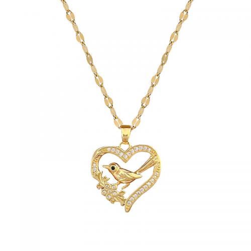 Brass Necklace, with Titanium Steel, with 2inch extender chain, Heart, real gold plated, for woman & with rhinestone & hollow, Length:Approx 15.7 Inch, Sold By PC